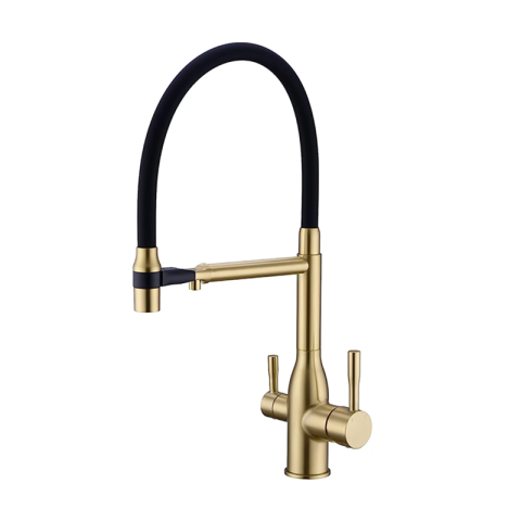 Baterii Pentru Bucătărie - Baterie chiuvetă bucătărie auriu mat 48 cm cu duș maleabil și 3 funcții