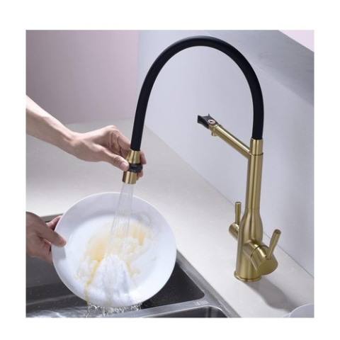 Baterie chiuvetă bucătărie auriu mat 48 cm cu duș maleabil și 3 funcții [2]