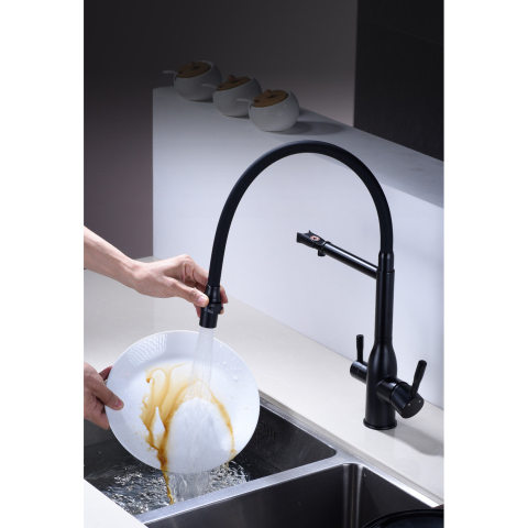 Baterie chiuvetă bucătărie negru mat 48 cm cu duș maleabil și 3 funcții [6]