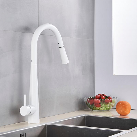 Baterie bucătărie alb lucios 47 cm cu duș extractabil și 2 funcții [3]