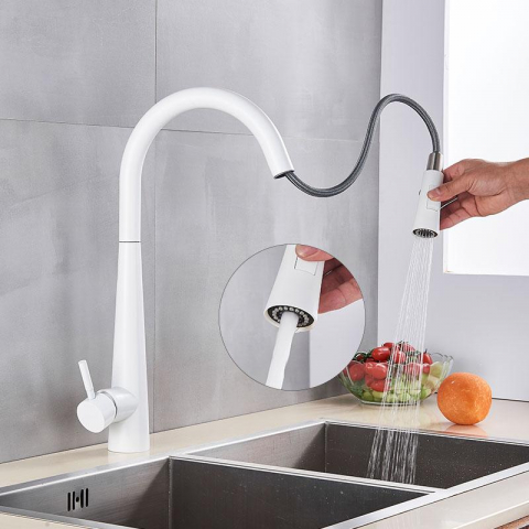 Baterie bucătărie alb lucios 47 cm cu duș extractabil și 2 funcții [2]
