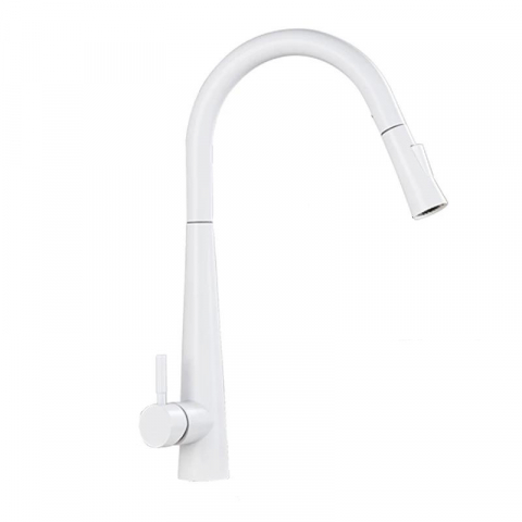 Baterii Pentru Bucătărie - Baterie bucătărie alb lucios 47 cm cu duș extractabil și 2 funcții