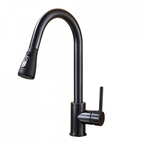 Baterii Pentru Bucătărie - Baterie bucătărie negru mat 40 cm cu duș extractabil 3 funcții, Touch și temporizator