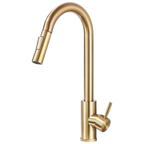 Baterii Pentru Bucătărie - Baterie bucătărie auriu mat 39 cm cu duș extractabil și pipă pivotantă