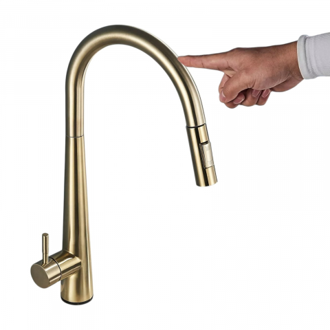 Baterii Pentru Bucătărie - Baterie bucătărie auriu mat 47 cm cu funcție Touch și duș extractabil
