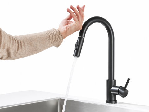 Baterii Pentru Bucătărie - Baterie bucătărie negru mat 39 cm cu funcție Touch și duș extractabil