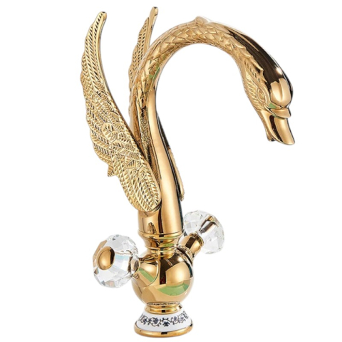 Baterii Pentru Baie - baterie-chiuveta-lavoar-auriu-lucios-lebada-cascada-cristale-bisdesign-33cm