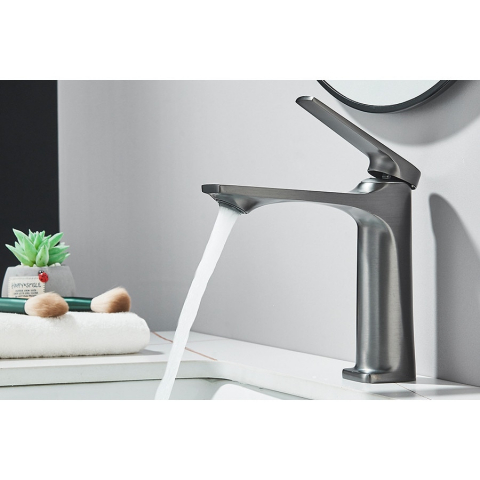 Baterie chiuvetă baie gri 17 cm cu pipă înclinată și design modern [5]