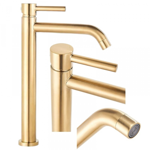 Baterii Pentru Bucătărie - Baterie chiuvetă baie aurie mat 31 cm cu design modern și pipă înclinată