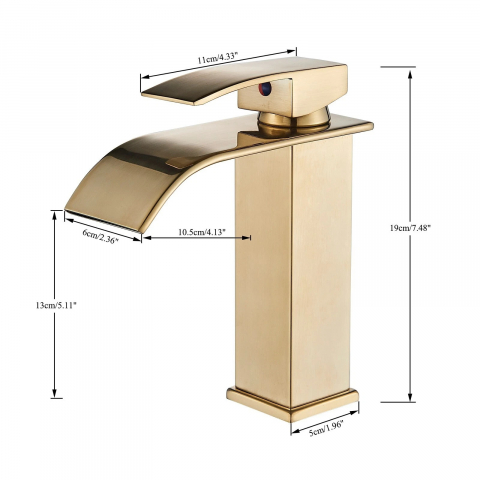 Baterie chiuvetă baie auriu lucios 19 cm cu pipă tip cascadă și design pătrat [8]