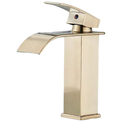 Baterii Pentru Baie - Baterie Lavoar BisDesign®, Pipa Tip Cascadă, Stil Pătrat, Finisaj Auriu Mat/Periat, 19 cm