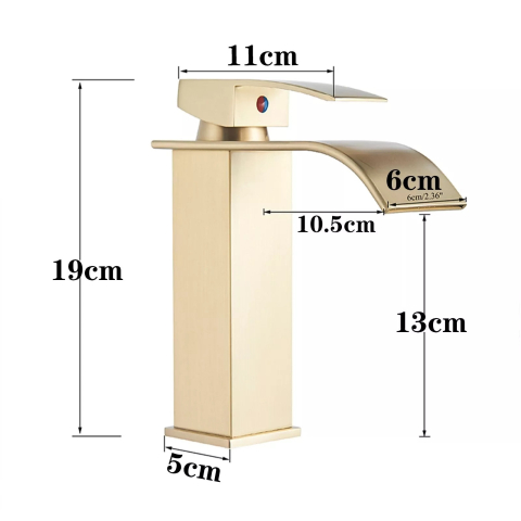 Baterie Lavoar BisDesign®, Pipa Tip Cascadă, Stil Pătrat, Finisaj Auriu Mat/Periat, 19 cm [6]