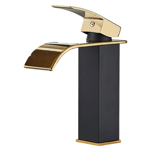Baterii Pentru Baie - Baterie Lavoar BisDesign®, Pipa Tip Cascadă, Stil Pătrat, Finisaj Negru/Auriu, 19 cm