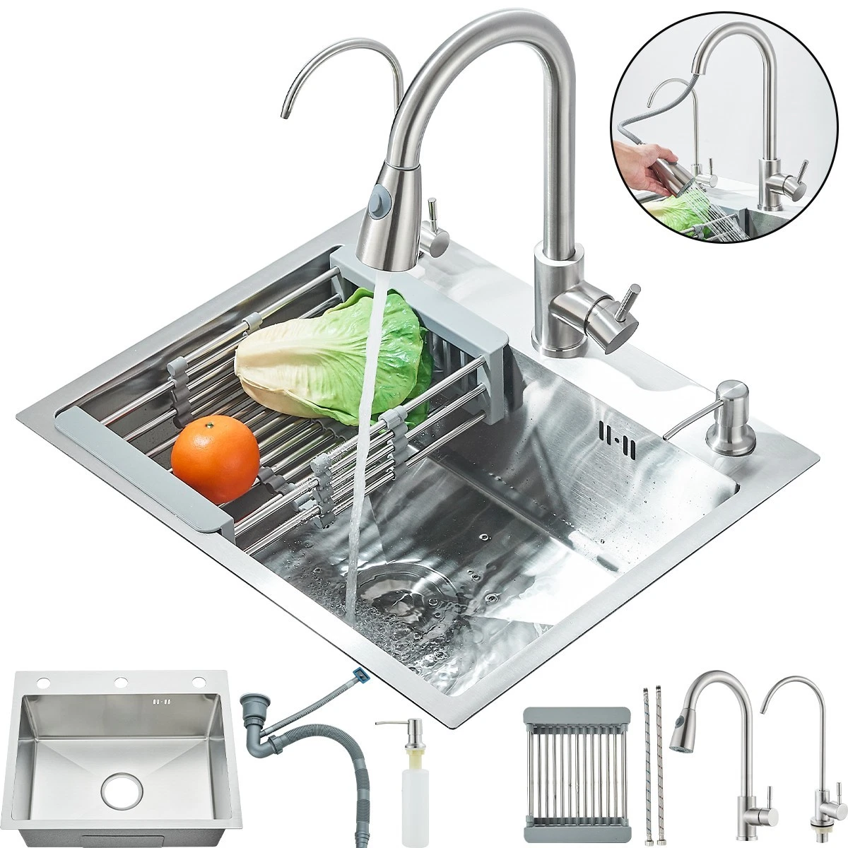Chiuvete Multifuncționale Bucătărie - Chiuvetă Multifuncțională Inox Nichel Periat cu Cascadă și Duș Extractabil BisDesign