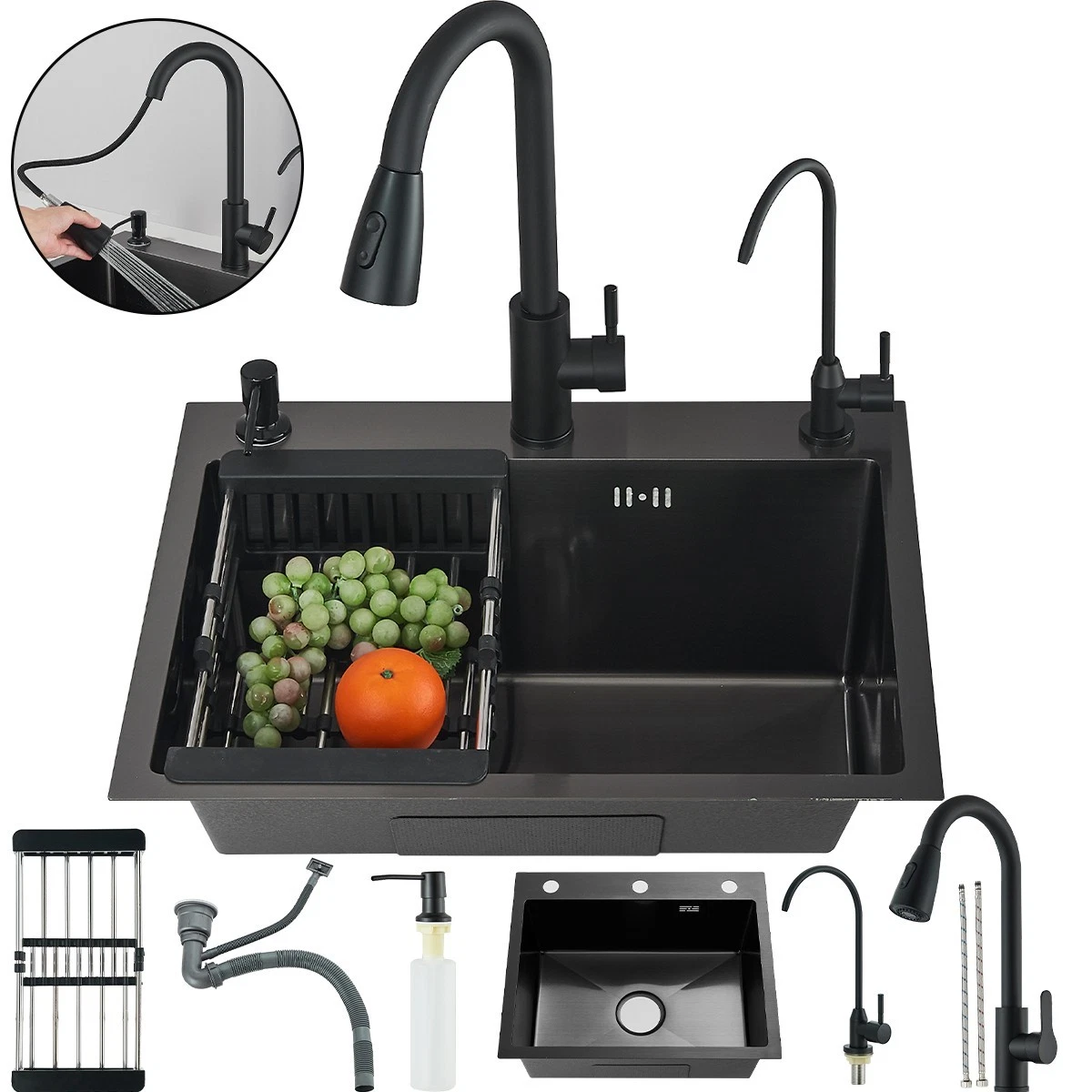 Chiuvete Multifuncționale Bucătărie - Chiuvetă bucătărie multifuncțională negru mat 550x450 mm cu baterie extractabilă și accesorii