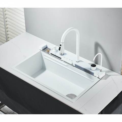 Chiuvetă multifuncțională bucătărie alb mat 77 L cu LCD, LED și accesorii [4]