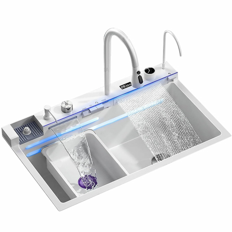 Chiuvete Multifuncționale Bucătărie - Chiuvetă multifuncțională bucătărie alb mat 77 L cu LCD, LED și accesorii