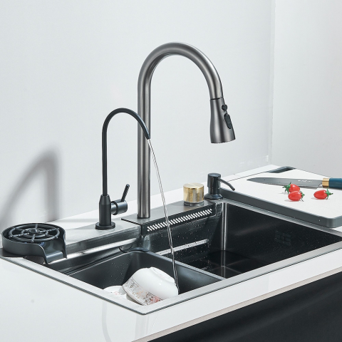 Chiuvetă multifuncțională bucătărie gri grafit din oțel inoxidabil cu accesorii incluse [4]
