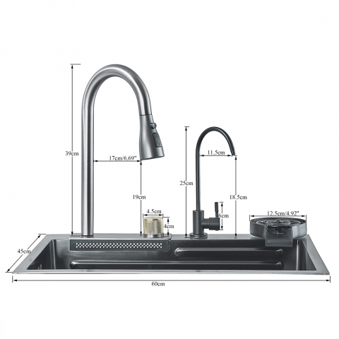 Chiuvetă multifuncțională bucătărie gri grafit 600x450 mm cu accesorii premium [13]