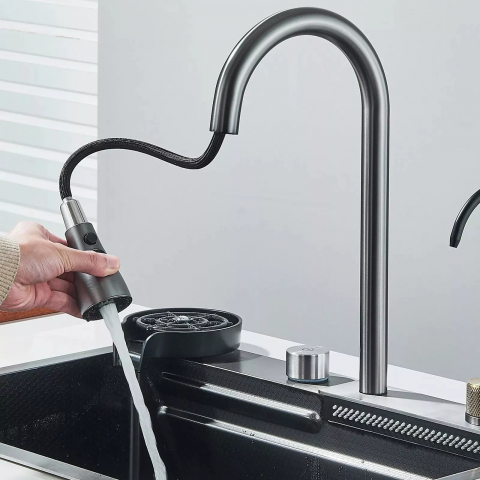 Chiuvetă multifuncțională bucătărie gri grafit 600x450 mm cu accesorii premium [6]