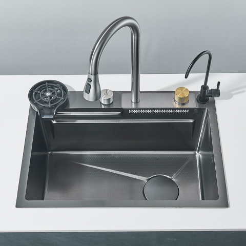 Chiuvetă multifuncțională bucătărie gri grafit 600x450 mm cu accesorii premium [2]