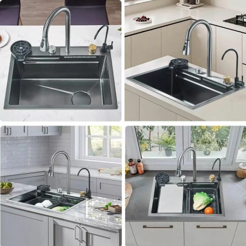 Chiuvetă multifuncțională bucătărie gri grafit 600x450 mm cu accesorii premium [3]