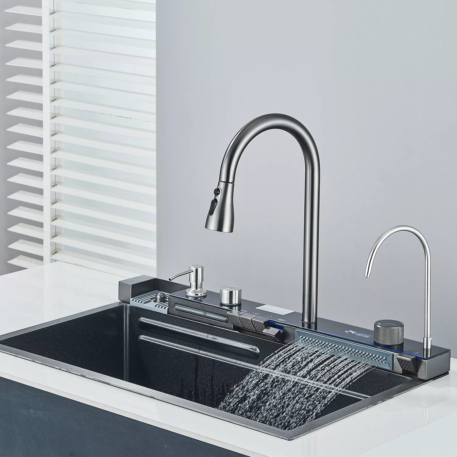 Chiuvetă multifuncțională gri grafit 77 L cu LCD și accesorii premium [8]