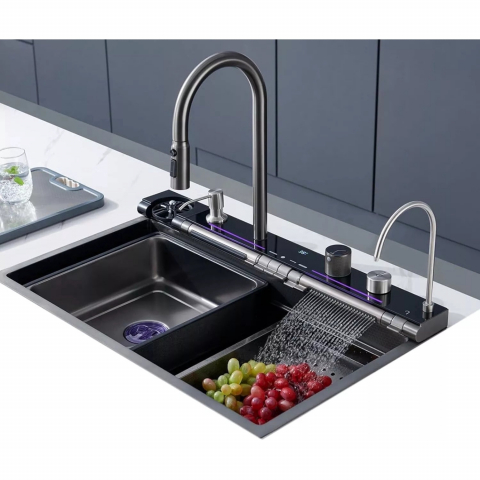 Chiuvetă multifuncțională bucătărie gri grafit 77L cu LCD, LED și accesorii [9]