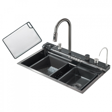 Chiuvete Multifuncționale Bucătărie - Chiuvetă multifuncțională bucătărie gri grafit 77L cu LCD, LED și accesorii