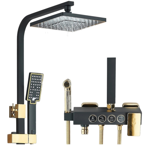 Coloane de Duș și Seturi de Duș - Coloană de Duș BisDesign®, Acționare Buton, Reglabilă, Cos Organizator, Negru Mat/Auriu, 4 Funcții, Pălărie 20 cm