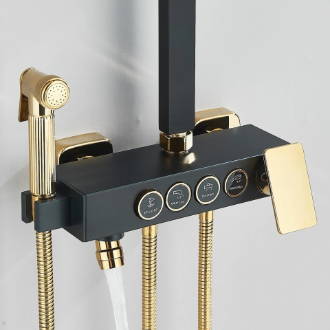 Coloană de Duș BisDesign®, Acționare Buton, Reglabilă, Cos Organizator, Negru Mat/Auriu, 4 Funcții, Pălărie 20 cm [5]