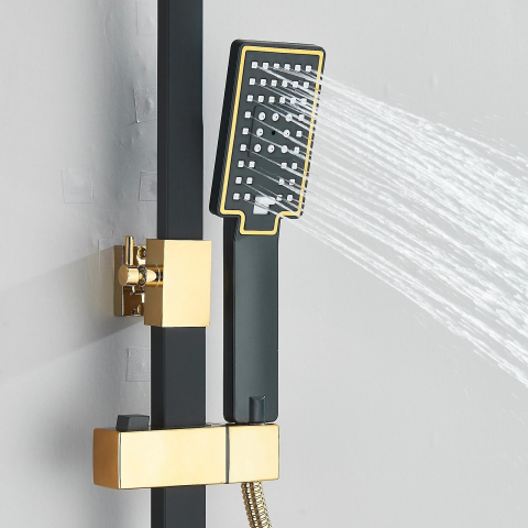 Coloană de Duș BisDesign®, Acționare Buton, Reglabilă, Cos Organizator, Negru Mat/Auriu, 4 Funcții, Pălărie 20 cm [4]