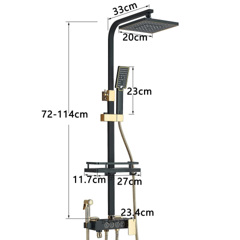Coloană de Duș BisDesign®, Acționare Buton, Reglabilă, Cos Organizator, Negru Mat/Auriu, 4 Funcții, Pălărie 20 cm [10]