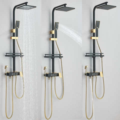 Coloană de Duș BisDesign®, Acționare Buton, Reglabilă, Cos Organizator, Negru Mat/Auriu, 4 Funcții, Pălărie 20 cm [2]