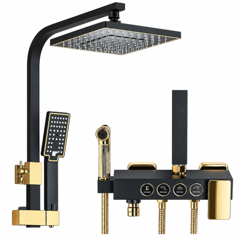 Coloane de Duș - Coloană de Duș BisDesign®, Acționare Buton, Reglabilă, Cos Organizator, Negru Mat/Auriu, 4 Funcții, Pălărie 20 cm