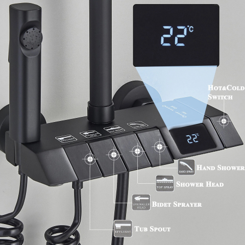 Sistem de duș premium negru mat cu afișaj digital, palărie Rainfall 28 cm și 4 funcții [6]