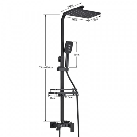 Coloană de duș negru mat reglabilă 73-116 cm, para 30 cm ploaie, 3 funcții [9]