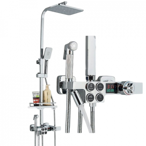Coloane de Duș și Seturi de Duș - Coloană de duș crom lucios cu termostat și display LCD, 4 funcții