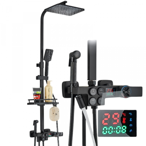 Coloane de Duș și Seturi de Duș - Coloană de duș negru mat cu LCD și termostat, 30 cm