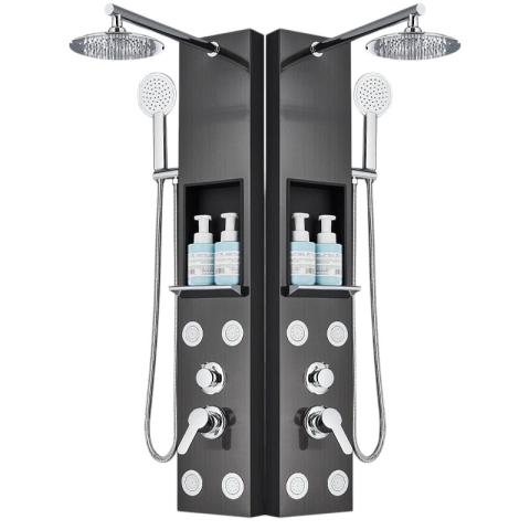 Coloane de Duș - Coloană de duș negru metalizat cu efect ploaie, funcții SPA și raft integrat