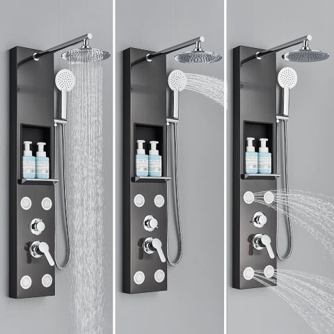 Coloane de Duș și Seturi de Duș - Coloană de duș negru metalizat cu efect ploaie, funcții SPA și raft integrat