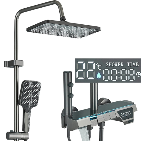 Coloane de Duș și Seturi de Duș - Coloană de Duș BisDesign®, Aluminiu Premium, Gri Grafit, Sticlă Neagră, Pălărie 28 cm, 4 Funcții, Afișaj Temperatură