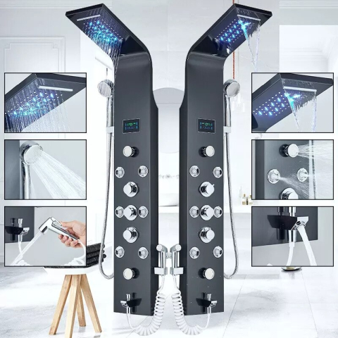 Panel de duș BisDesign® negru metalizat cu LED, display digital, funcție ploaie, cascadă și hidromasaj SPA [1]