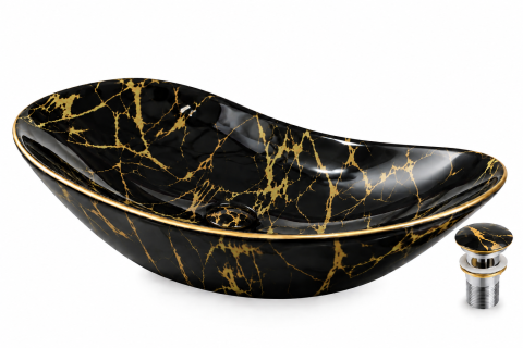 Lavoare Baie - Lavoar ceramic oval asimetric BisDesign negru auriu 620x365x160 mm