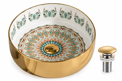 Lavoare Baie - Lavoar ceramic BisDesign auriu lucios cu model turcoaz auriu 365x365x125 mm