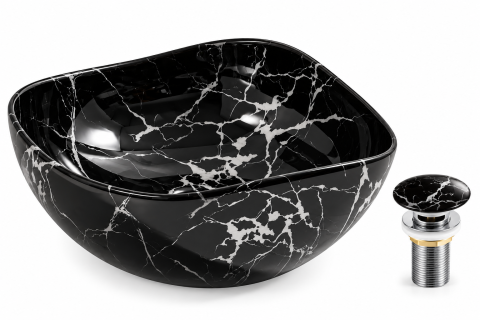 Lavoare Baie - Lavoar ceramic rotund BisDesign negru marmorat cu venaturi albe 380x170 mm