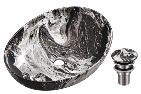 Lavoare Baie - Lavoar ceramic BisDesign oval marmorat alb negru 515x400x130 mm cu ventil inclus