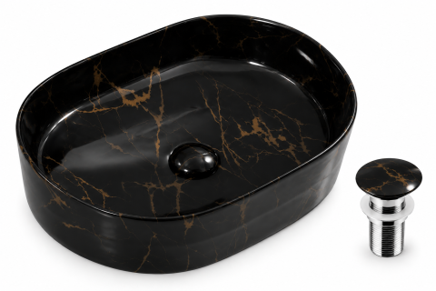 Lavoare Baie - Lavoar ceramic oval pe blat BisDesign negru marmorat cu nervuri aurii 500x370x135 mm