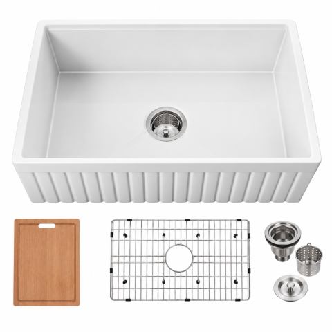 Chiuvete  Bucătărie - Chiuveta bucatarie ceramica farmhouse BisDesign reversibila 760x459x254 mm cu accesorii