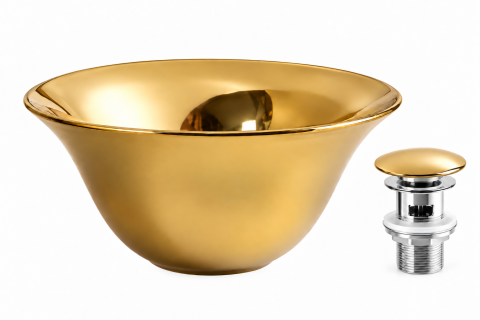 Lavoare Baie - Lavoar Ceramic Auriu Lucios BisDesign Rotund Ø360x200 mm cu Ventil Inclus